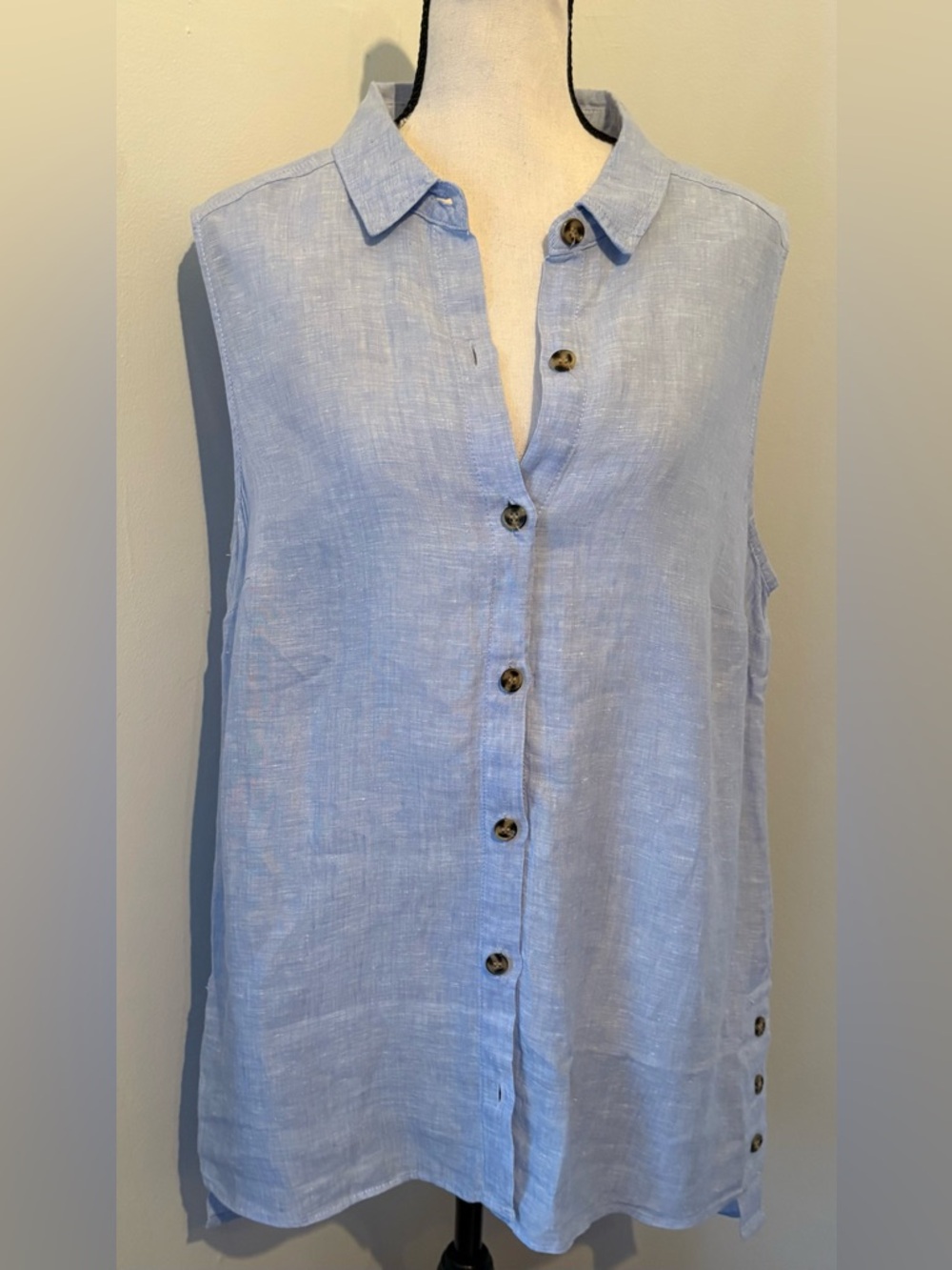 Jones New York Top Womens L Blue 100% Linen Collar Woven Sleeveless Lagenlook